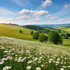 Fototapeta premium field of daisies and sky landscape, meadow, flower, sky, nature, summer