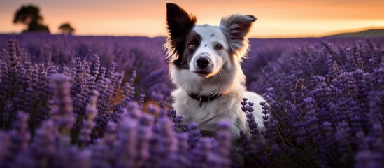 A black and white companion dog is standing in a field of purple flowers, surrounded by lush grass. The carnivorous working animal belongs to a specific dog breed - Powered by Adobe