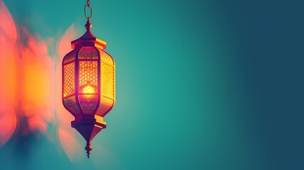 Fototapeta na wymiar A vibrant and colorful lantern hanging against a flat background, representing the festive spirit of Ramadan Mubarak.