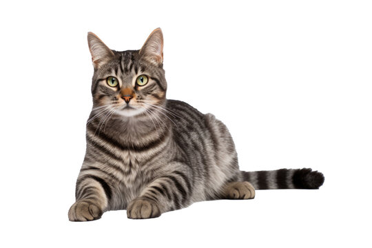 Studio portrait of a sitting tabby cat looking forward against a white backdground