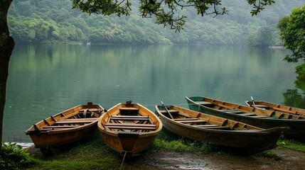 Traditional wooden rowboats moored along the banks of a serene lake - obrazy, fototapety, plakaty