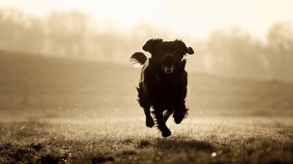 black dog labrador retriever running in a field on a sunny day. - obrazy, fototapety, plakaty