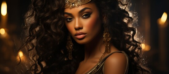 Fototapeta premium A woman with black curly hair is adorned with a crown and earrings, her eyelash fluttering under the flash photography at the elegant event