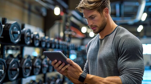 sport, fitness, lifestyle, technology and people concept - close up of trainer hands with tablet pc computer working out in gym