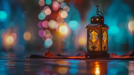A tranquil scene with a flat, minimalist background hosting the phrase "Ramadan Mubarak" and a colorful, traditional lantern.
