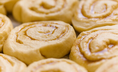 tray of cinnamon rolls ready to go into the oven, macro comfort food background - 766904141