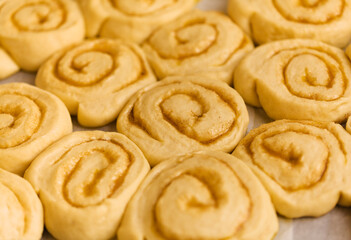 tray of cinnamon rolls ready to go into the oven, macro comfort food background - 766904169
