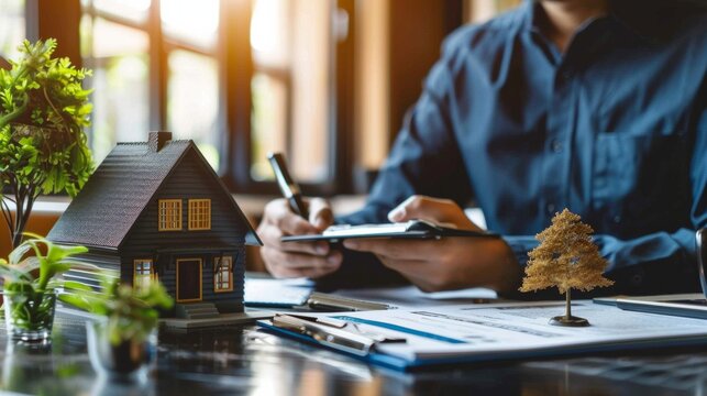 Architect holding wooden model house in office corridor