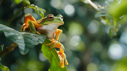 Green tree frog on leaves in the forest.