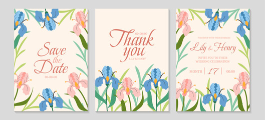 Obraz premium Elegant floral wedding invitation. Flowers of delicate irises close-up. Spring vertical templates.