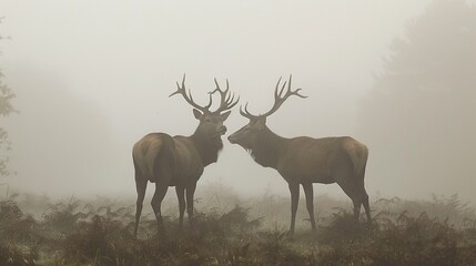 Two red deer in the mist, Cervus elaphus.