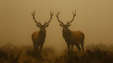 Majestic Red Deer (Cervus elaphus) in the morning fog. - obrazy, fototapety, plakaty