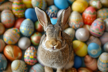 Fototapeta na wymiar Happy Easter bunny surrounded by colorful Easter eggs