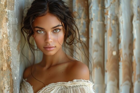 beautiful depiction of black latina greek or roman godess with a white dress on neutral background . 