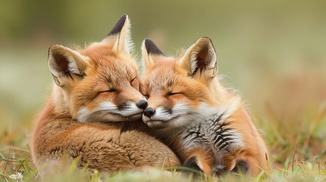 Two cute red foxes hugging while sleeping on the grass.