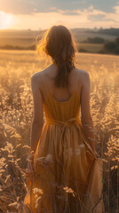 Fototapeta na wymiar Women in a field with sunset