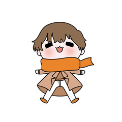 A cartoon character is wearing a scarf and smiling. The character is wearing a brown coat and white pants