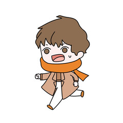 Obraz premium A cartoon boy is running with a scarf around his neck. He is smiling and he is happy