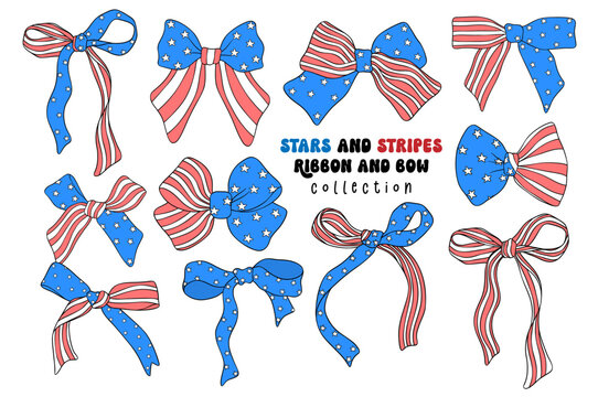 Coquette 4th of July ribbon bow stars and stripes doodle set