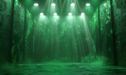 Dynamic green stage with spotlight and mist for epic performances background