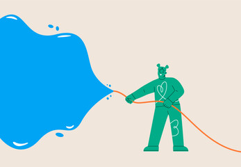 Woman watering with hose during summer activity festival. Colorful vector illustration