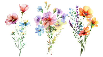 Obraz na płótnie Canvas Watercolor Pastel-colored flower bunches Isolated on Transparent Background, PNG Format