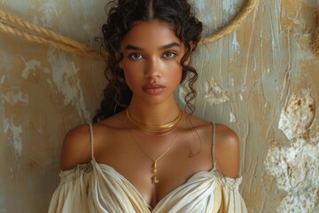 beautiful depiction of black latina greek or roman godess with a white dress on neutral background .  - obrazy, fototapety, plakaty