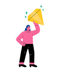 Business woman holding a valuable diamond. Finding yourself searching for self value success. Flat vector illustration isolated on white background