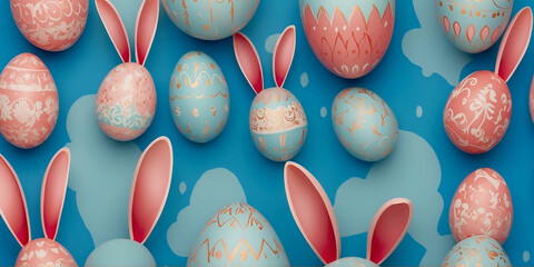 blue background surround with different color of ester eggs.