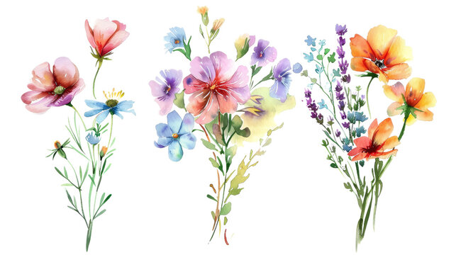 Watercolor Pastel-colored flower bunches Isolated on Transparent Background, PNG Format