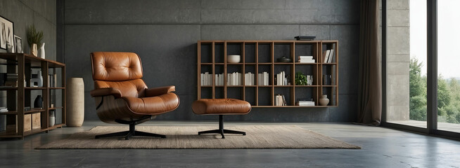 Home interior mock-up with brown leather sofa, table and decor in living room