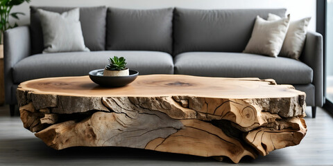 Close up of natural wood rustic live edge coffee table near grey sofa.