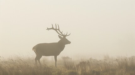 Red Deer (Cervus elaphus) stag in morning mist.