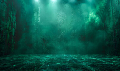 Dynamic green stage with spotlight and mist for epic performances background - obrazy, fototapety, plakaty