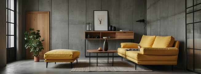 Loft interior design of modern living room, home. Minimalist sofa against empty concrete wall