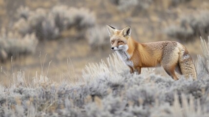 Red fox hunting food in winter. Wild animal. - obrazy, fototapety, plakaty