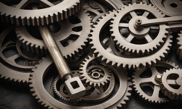 Close-up of interlocking mechanical gears and tools, illustrating complexity and precision in engineering, suitable for industrial and technological themes. AI generation