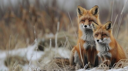 Two Red foxes sitting on the grass in winter.
