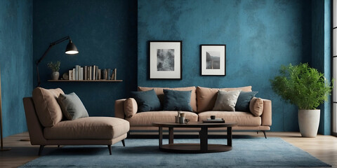 Design of a modern living room with a dark blue sofa and a blue wall texture background