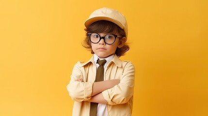 Baby wearing glasses, kid wearing coat , in isolated background