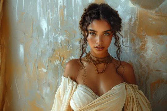 beautiful depiction of black latina greek or roman godess with a white dress on neutral background . 