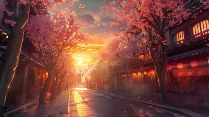Sunset Glow Over Cherry Blossom-Lined Street