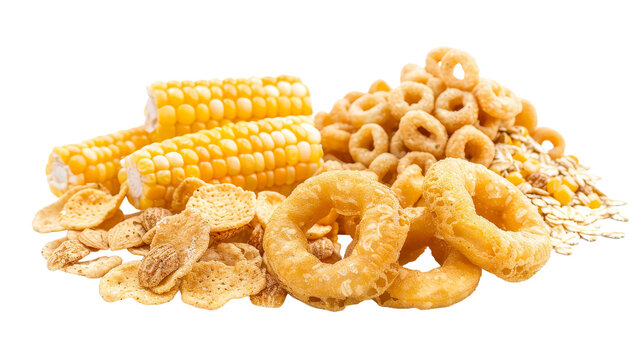 Corn pads, rings, balls, cornflakes and granola Isolated on Transparent Background, PNG Format