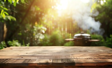 Blurred background of an empty wooden table with barbecue grill in the garden copy space for product placement or text