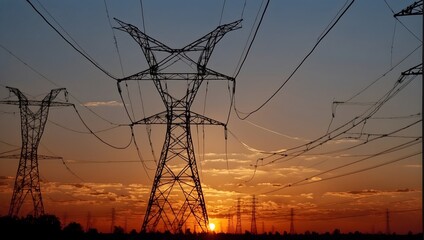 Silhouette of a towering high-voltage electric pylon against the backdrop of a setting sun Generative AI - obrazy, fototapety, plakaty