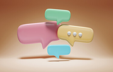 Minimalist blue red green and yellow speech bubbles talk icons floating over orange background. Modern conversation or social media messages with shadow. 3D rendering - 766906308