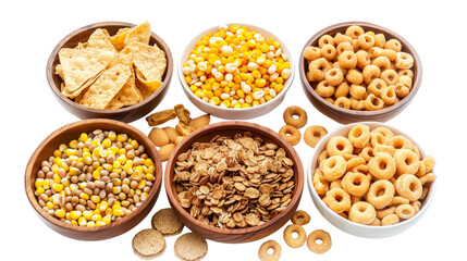 Corn pads, rings, balls, cornflakes and granola Isolated on Transparent Background, PNG Format