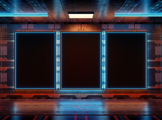 Three futuristic vertical billboard Mockup. Cyberpunk style frames interior template. 3D rendering - 766906354