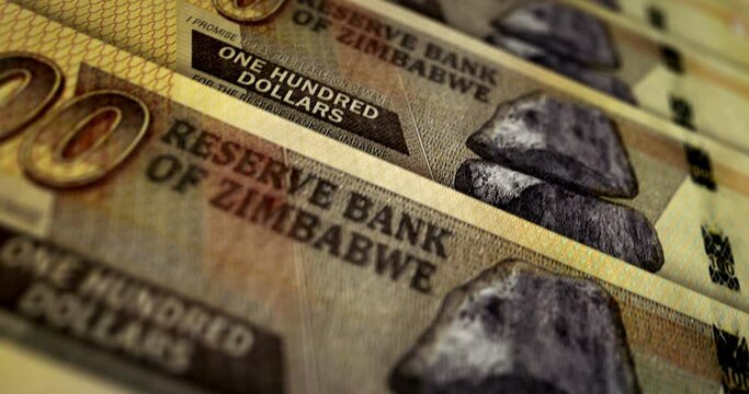 Zimbabwe money Zimbabwean dollars banknote loop. ZWL 100 money texture. Concept of economy, business, crisis, banking, recession, debt and finance. Moving over note loopable seamless 3d.
