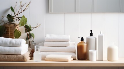 Fototapeta na wymiar a shelf with towels and a mirror
